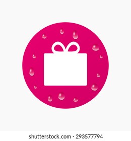 Water drops on button. Gift box sign icon. Present symbol. Realistic pure raindrops. Pink circle. Vector