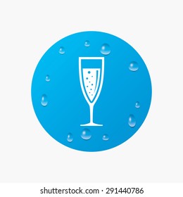 Water drops on button. Glass of champagne sign icon. Sparkling wine with bubbles. Celebration or banquet alcohol drink symbol. Realistic pure raindrops. Blue circle. Vector