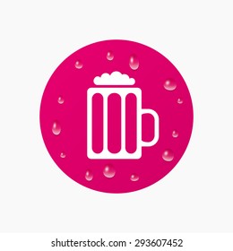Water drops on button. Glass of beer sign icon. Alcohol drink symbol. Realistic pure raindrops. Pink circle. Vector