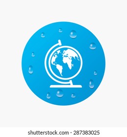 Water drops on button. Globe sign icon. World map geography symbol. Globe on stand for studying. Realistic pure raindrops. Blue circle. Vector