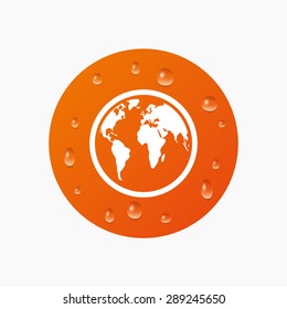 Water drops on button. Globe sign icon. World map geography symbol. Realistic pure raindrops. Orange circle. Vector