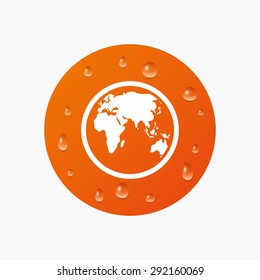 Water drops on button. Globe sign icon. World map geography symbol. Realistic pure raindrops. Orange circle. Vector