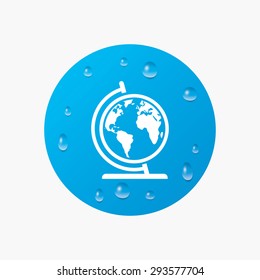 Water drops on button. Globe sign icon. World map geography symbol. Globe on stand for studying. Realistic pure raindrops. Blue circle. Vector