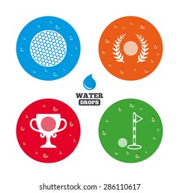 Water drops on button. Golf ball icons. Laurel wreath winner award cup sign. Luxury sport symbol. Realistic pure raindrops on circles. Vector