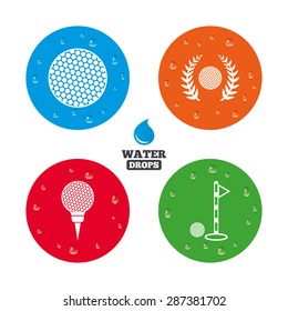 Water drops on button. Golf ball icons. Laurel wreath winner award sign. Luxury sport symbol. Realistic pure raindrops on circles. Vector