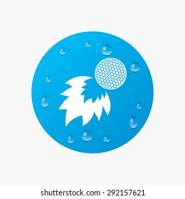 Water drops on button. Golf fireball sign icon. Sport symbol. Realistic pure raindrops. Blue circle. Vector