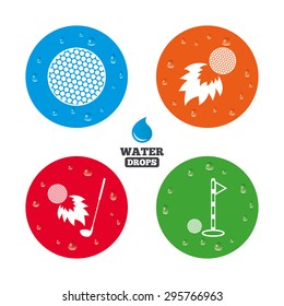 Water drops on button. Golf ball icons. Fireball with club sign. Luxury sport symbol. Realistic pure raindrops on circles. Vector