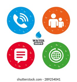 Water drops on button. Group of people and share icons. Speech bubble and round the world arrow symbols. Communication signs. Realistic pure raindrops on circles. Vector