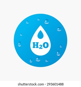 Water drops on button. H2O Water drop sign icon. Tear symbol. Realistic pure raindrops. Blue circle. Vector