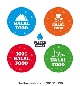 Water drops on button. Halal food icons. 100% natural meal symbols. Chef hat with spoon and fork sign. Natural muslims food. Realistic pure raindrops on circles. Vector