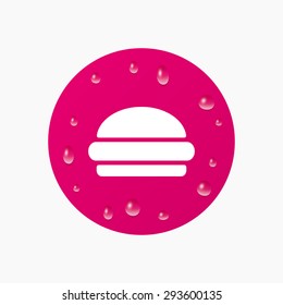 Water drops on button. Hamburger sign icon. Fast food symbol. Junk food. Realistic pure raindrops. Pink circle. Vector