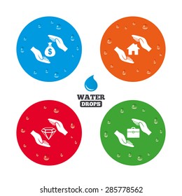 Water drops on button. Hands insurance icons. Money bag savings insurance symbols. Jewelry diamond symbol. House property insurance sign. Realistic pure raindrops on circles. Vector