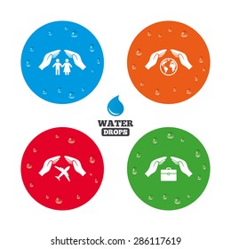 Water drops on button. Hands insurance icons. Human life insurance symbols. Travel flight baggage symbol. World globe sign. Realistic pure raindrops on circles. Vector