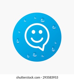 Water drops on button. Happy face chat speech bubble symbol. Smile icon. Realistic pure raindrops. Blue circle. Vector