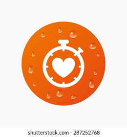 Water drops on button. Heart Timer sign icon. Stopwatch symbol. Heartbeat palpitation. Realistic pure raindrops. Orange circle. Vector