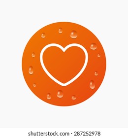 Water drops on button. Heart sign icon. Love symbol. Realistic pure raindrops. Orange circle. Vector