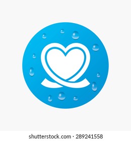 Water drops on button. Heart ribbon sign icon. Love symbol. Realistic pure raindrops. Blue circle. Vector