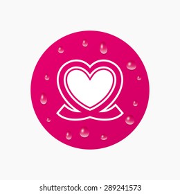 Water drops on button. Heart ribbon sign icon. Love symbol. Realistic pure raindrops. Pink circle. Vector