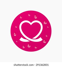 Water drops on button. Heart ribbon sign icon. Love symbol. Realistic pure raindrops. Pink circle. Vector