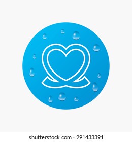 Water drops on button. Heart ribbon sign icon. Love symbol. Realistic pure raindrops. Blue circle. Vector
