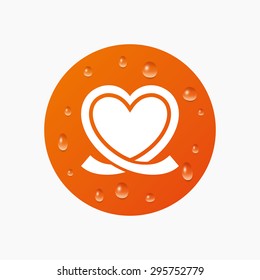 Water drops on button. Heart ribbon sign icon. Love symbol. Realistic pure raindrops. Orange circle. Vector