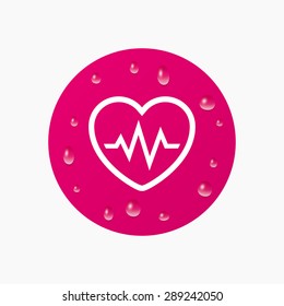Water drops on button. Heartbeat sign icon. Cardiogram symbol. Realistic pure raindrops. Pink circle. Vector