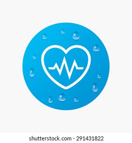 Water drops on button. Heartbeat sign icon. Cardiogram symbol. Realistic pure raindrops. Blue circle. Vector