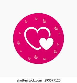 Water drops on button. Hearts sign icon. Love symbol. Realistic pure raindrops. Pink circle. Vector