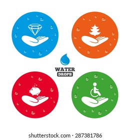 Water drops on button. Helping hands icons. Protection and insurance symbols. Financial money savings, save forest. Diamond brilliant sign. Disabled human. Realistic pure raindrops on circles. Vector