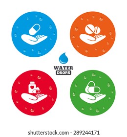Water drops on button. Helping hands icons. Medical health insurance symbols. Drugs pills bottle signs. Medicine tablets. Realistic pure raindrops on circles. Vector
