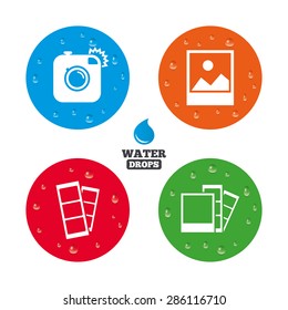 Water drops on button. Hipster photo camera icon. Flash light symbol. Photo booth strips sign. Landscape photo frame. Realistic pure raindrops on circles. Vector