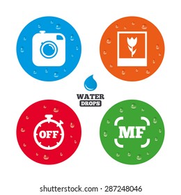 Water drops on button. Hipster retro photo camera icon. Manual focus symbols. Stopwatch timer off sign. Macro symbol. Realistic pure raindrops on circles. Vector