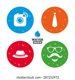 Water drops on button. Hipster photo camera. Mustache with beard icon. Glasses and tie symbols. Classic hat headdress sign. Realistic pure raindrops on circles. Vector