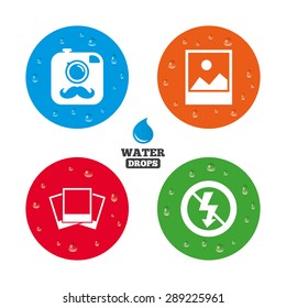 Water drops on button. Hipster retro photo camera with mustache icon. No flash light symbol. Landscape photo frame. Realistic pure raindrops on circles. Vector