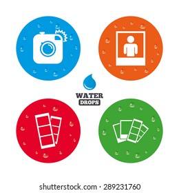 Water drops on button. Hipster photo camera icon. Flash light symbol. Photo booth strips sign. Human portrait photo frame. Realistic pure raindrops on circles. Vector