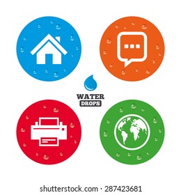 Water drops on button. Home main page and globe icons. Printer and chat speech bubble with suspension points sign symbols. Realistic pure raindrops on circles. Vector