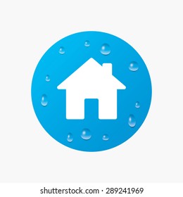 Water drops on button. Home sign icon. Main page button. Navigation symbol. Realistic pure raindrops. Blue circle. Vector