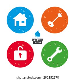 Water drops on button. Home key icon. Wrench service tool symbol. Locker sign. Main page web navigation. Realistic pure raindrops on circles. Vector