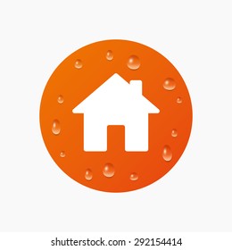 Water drops on button. Home sign icon. Main page button. Navigation symbol. Realistic pure raindrops. Orange circle. Vector