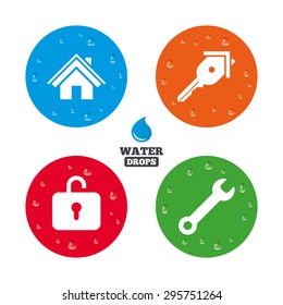 Water drops on button. Home key icon. Wrench service tool symbol. Locker sign. Main page web navigation. Realistic pure raindrops on circles. Vector