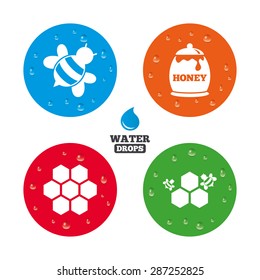 Water drops on button. Honey icon. Honeycomb cells with bees symbol. Sweet natural food signs. Realistic pure raindrops on circles. Vector