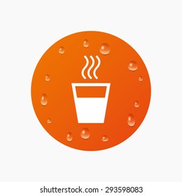 Water drops on button. Hot water sign icon. Hot drink glass symbol. Realistic pure raindrops. Orange circle. Vector