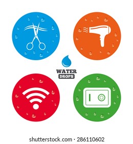 Water drops on button. Hotel services icons. Wi-fi, Hairdryer and deposit lock in room signs. Wireless Network. Hairdresser or barbershop symbol. Realistic pure raindrops on circles. Vector