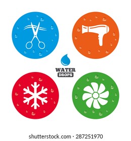 Water drops on button. Hotel services icons. Air conditioning, Hairdryer and Ventilation in room signs. Climate control. Hairdresser or barbershop symbol. Realistic pure raindrops on circles. Vector