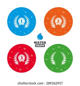 Water drops on button. Laurel wreath award icons. Prize for winner signs. First, second and third place medals symbols. Realistic pure raindrops on circles. Vector