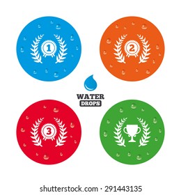 Water drops on button. Laurel wreath award icons. Prize cup for winner signs. First, second and third place medals symbols. Realistic pure raindrops on circles. Vector