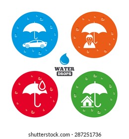 Water drops on button. Life, Real estate or Home insurance icons. Umbrella with water drop symbol. Car protection sign. Realistic pure raindrops on circles. Vector