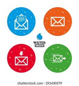 Water drops on button. Mail envelope icons. Message document delivery symbol. Post office letter signs. Inbox and outbox message icons. Realistic pure raindrops on circles. Vector