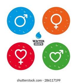 Water drops on button. Male and female sex icons. Man and Woman signs with hearts symbols. Realistic pure raindrops on circles. Vector