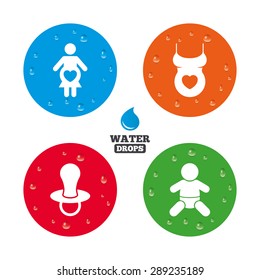 Water drops on button. Maternity icons. Baby infant, pregnancy and dummy signs. Child pacifier symbols. Shirt with heart. Realistic pure raindrops on circles. Vector